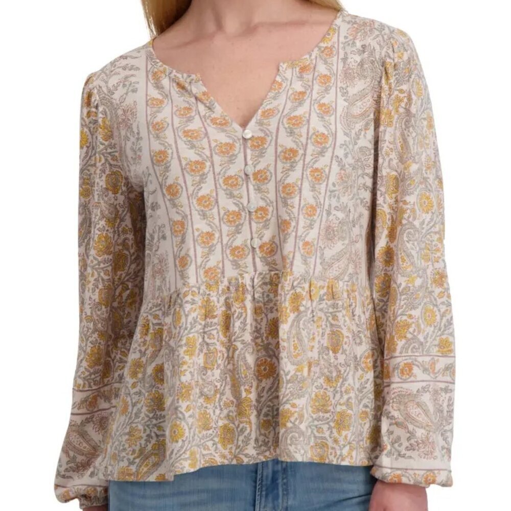 New Lucky Brand Medium 100% Cotton Floral Paisley Peplum Blouse Long Sleeve
